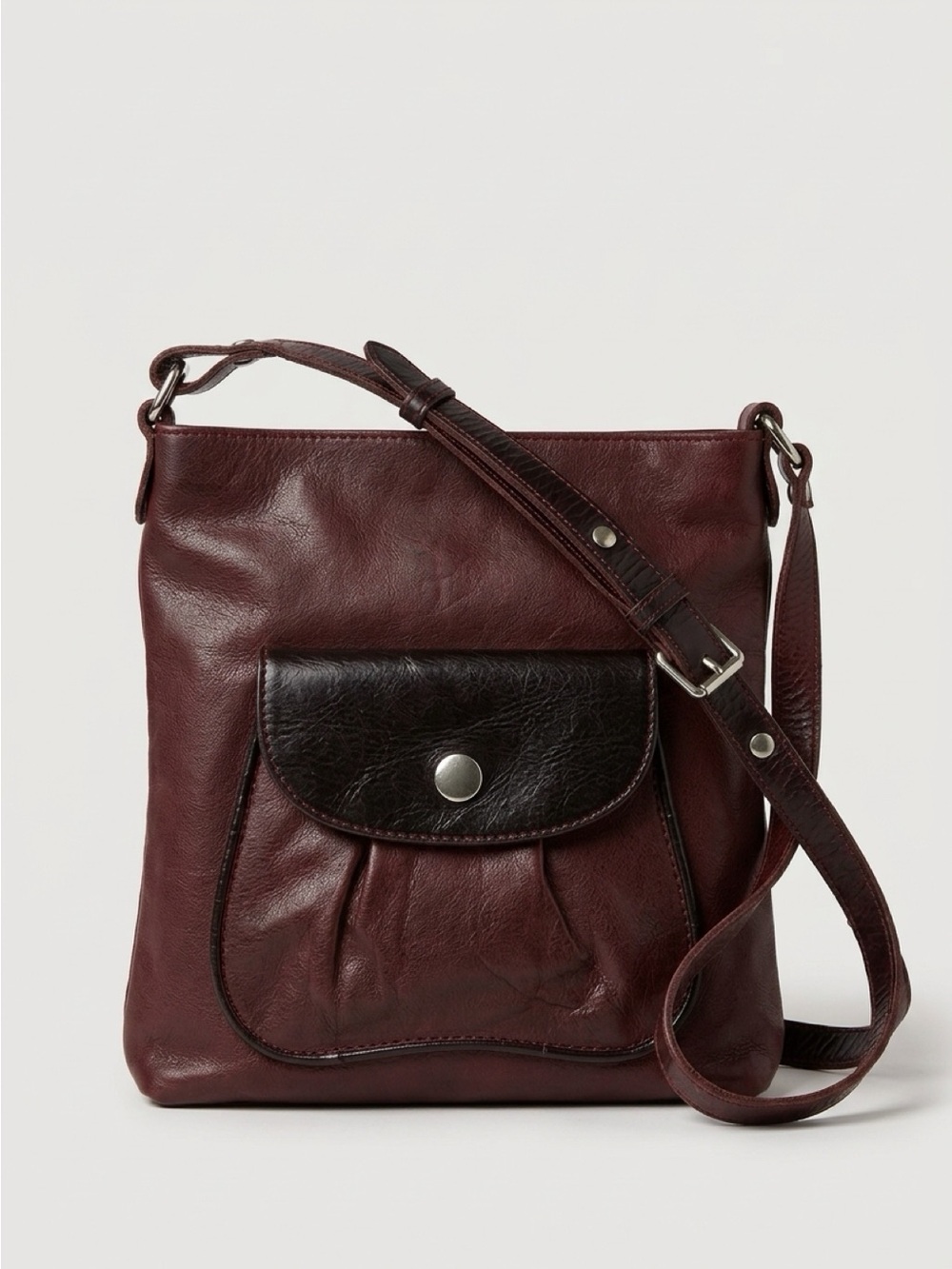 Women's Dark Burgundy Leather Shoulder Bag with Front Pocket